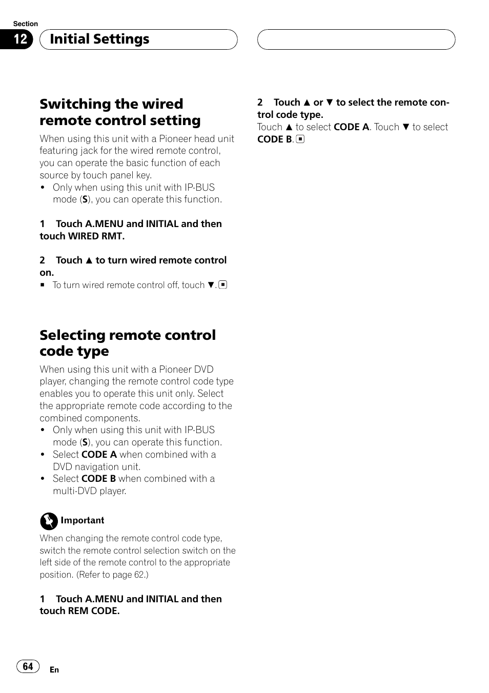 Switching the wired remote control, Setting 64, Selecting remote control code type 64 | Selecting, Switching the wired remote controlsetting, Selecting remote control code type, Initialsettings | Pioneer AVX-P8DVD User Manual | Page 64 / 85