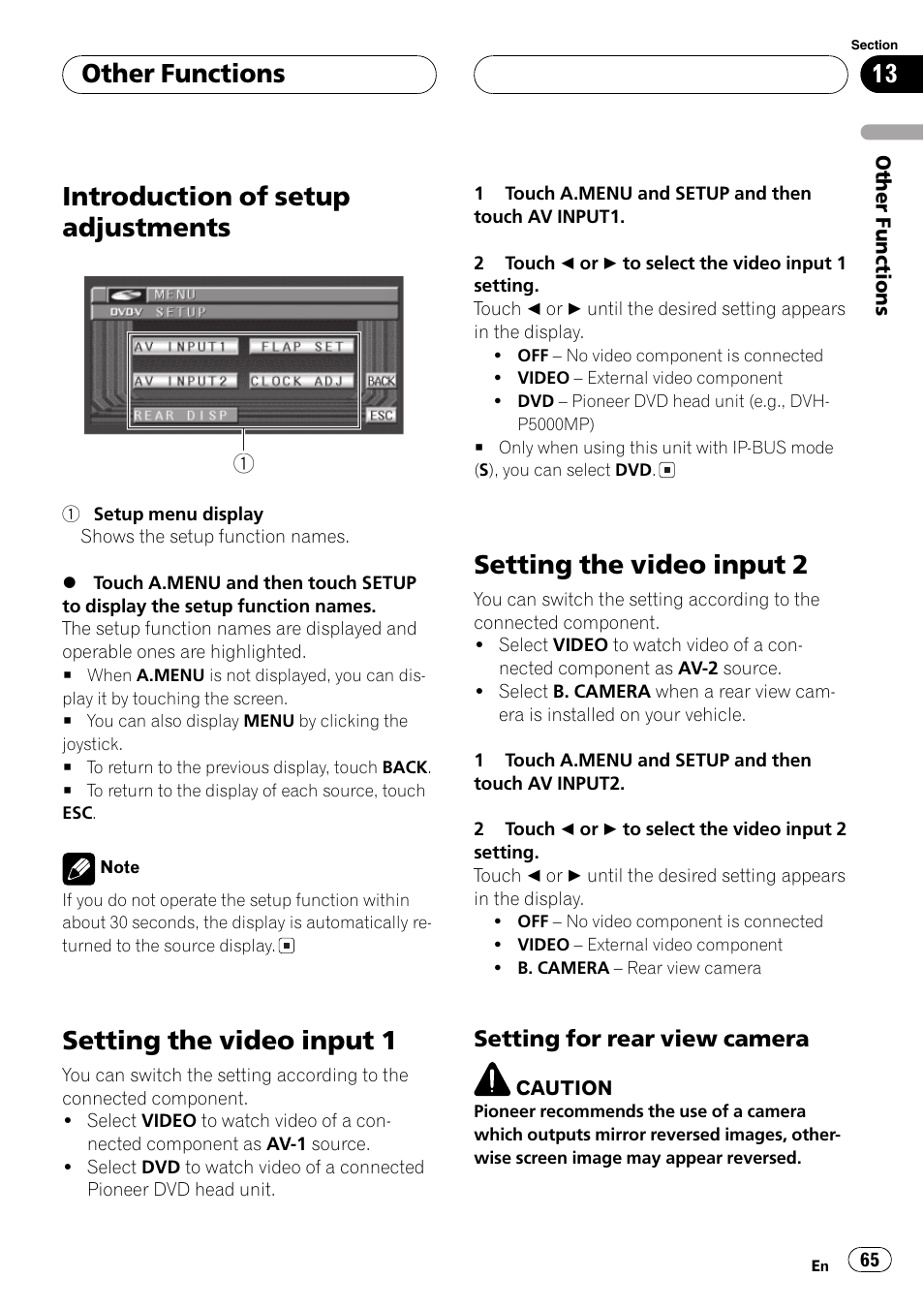 Setting the video input 2 65, Introduction of setup adjustments, Setting the video input 1 | Setting the video input 2, Other functions | Pioneer AVX-P8DVD User Manual | Page 65 / 85