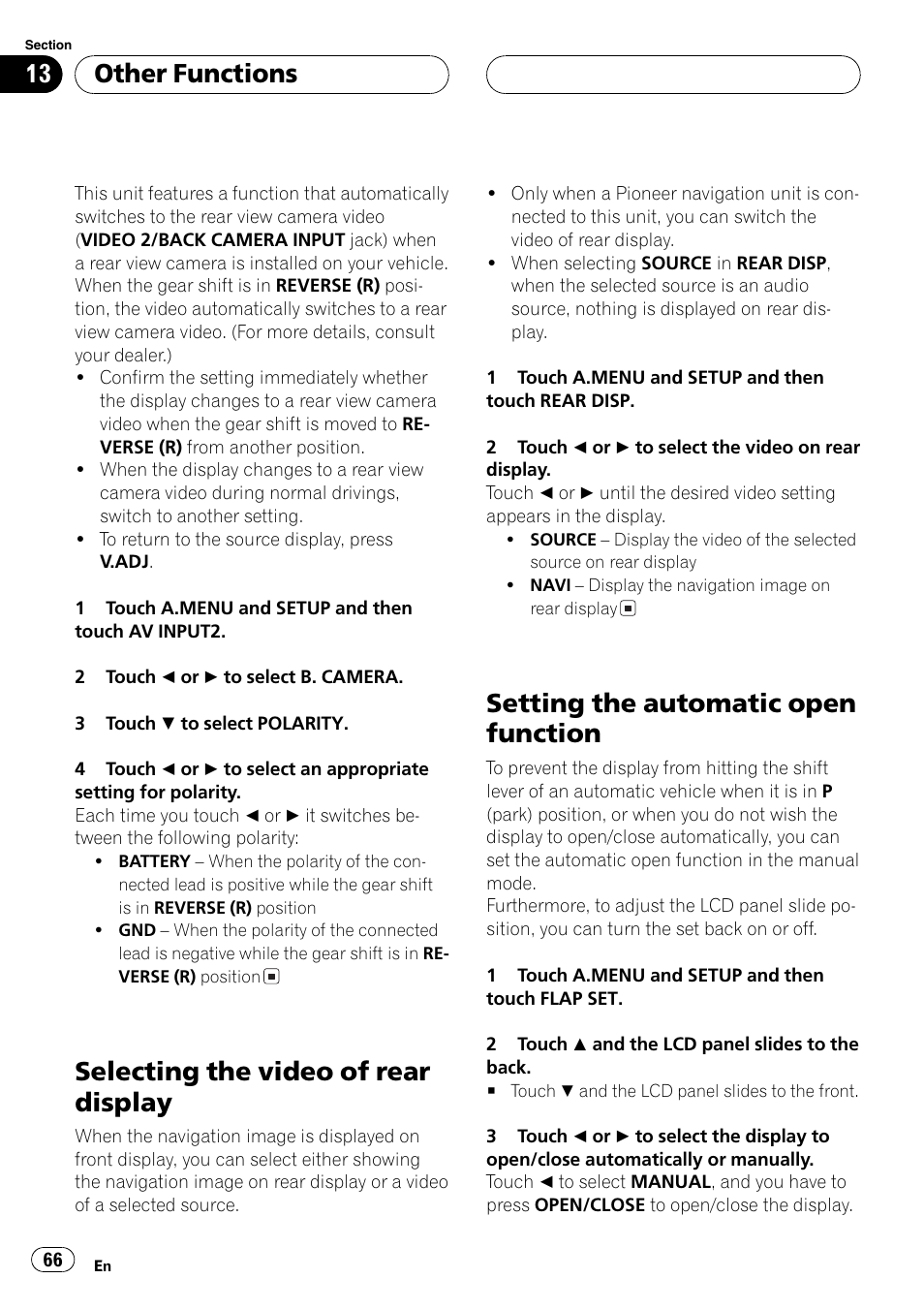 Selecting the video of rear display, Setting the automatic open function, Other functions | Pioneer AVX-P8DVD User Manual | Page 66 / 85