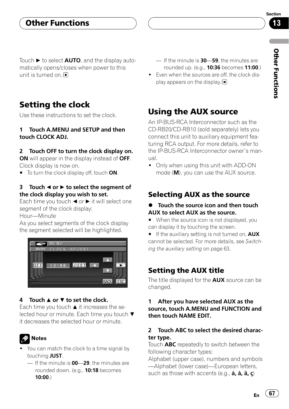 Setting the clock 67 using the aux source 67, Setting the clock, Using the aux source | Other functions, Selecting aux as the source, Setting the aux title | Pioneer AVX-P8DVD User Manual | Page 67 / 85