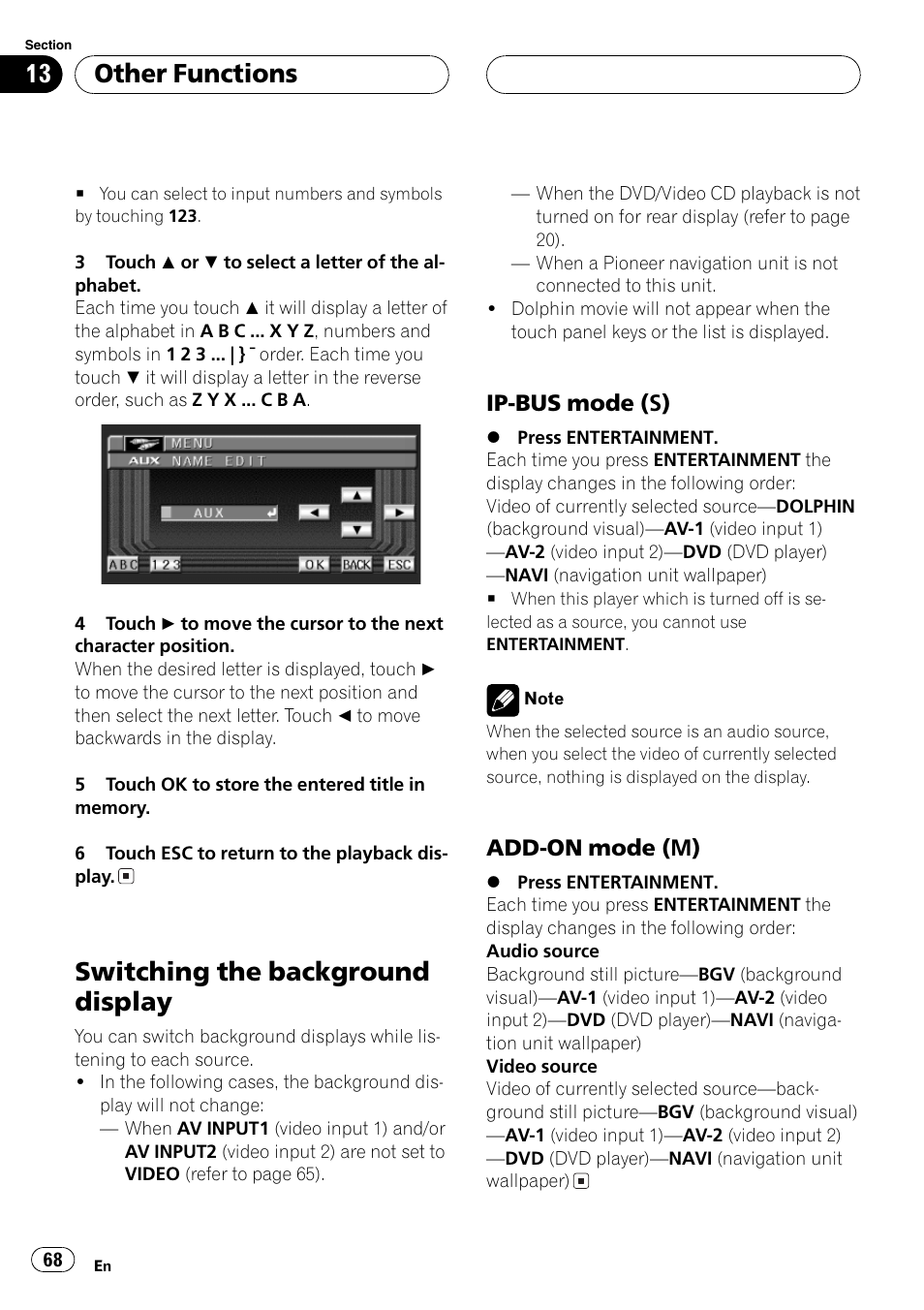 Switching the background display 68, Switching the background display, Other functions | Ip-bus mode (s), Add-on mode (m) | Pioneer AVX-P8DVD User Manual | Page 68 / 85