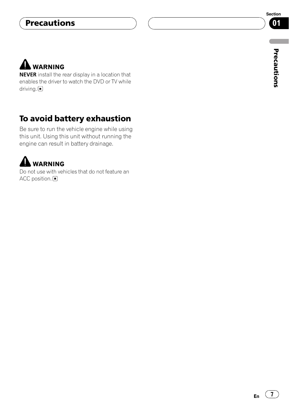 To avoid battery exhaustion 7, Precautions | Pioneer AVX-P8DVD User Manual | Page 7 / 85