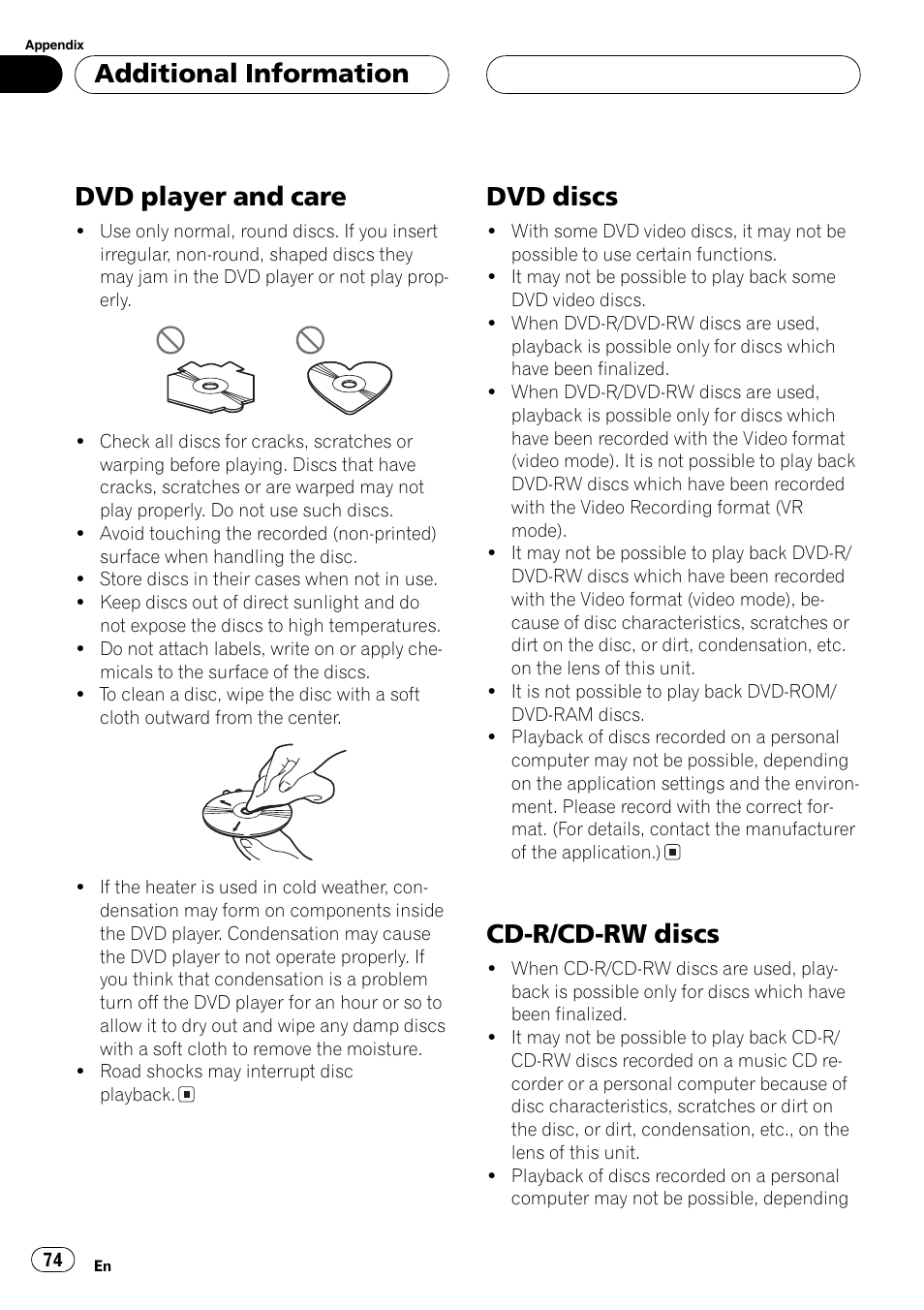 Dvd player and care, Dvd discs, Cd-r/cd-rw discs | Additionalinformation | Pioneer AVX-P8DVD User Manual | Page 74 / 85