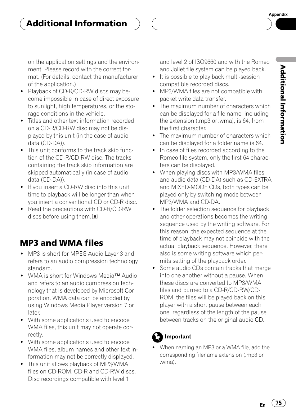 Mp3 and wma files 75, Mp3 and wma files, Additionalinformation | Pioneer AVX-P8DVD User Manual | Page 75 / 85