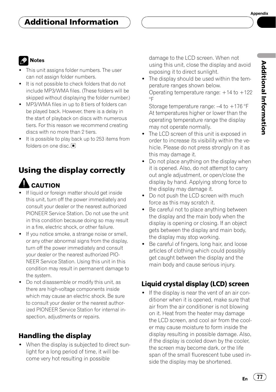 Using the display correctly 77, Using the display correctly, Additionalinformation | Handling the display, Liquid crystaldisplay (lcd) screen | Pioneer AVX-P8DVD User Manual | Page 77 / 85