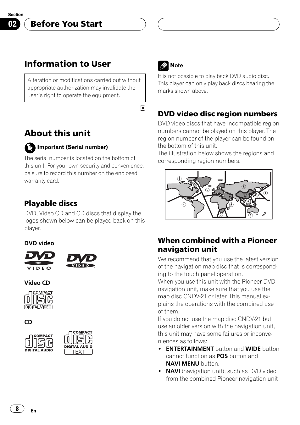 Playable discs 8, Dvd video disc region numbers 8, Information to user | About this unit, Before you start | Pioneer AVX-P8DVD User Manual | Page 8 / 85