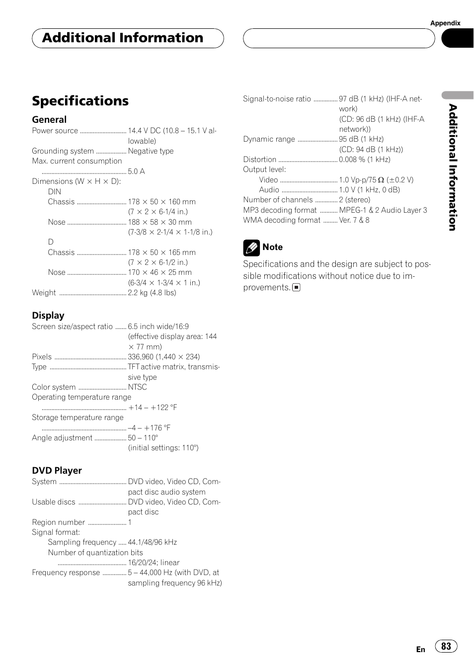 Specifications 83, Specifications, Additionalinformation | Pioneer AVX-P8DVD User Manual | Page 83 / 85