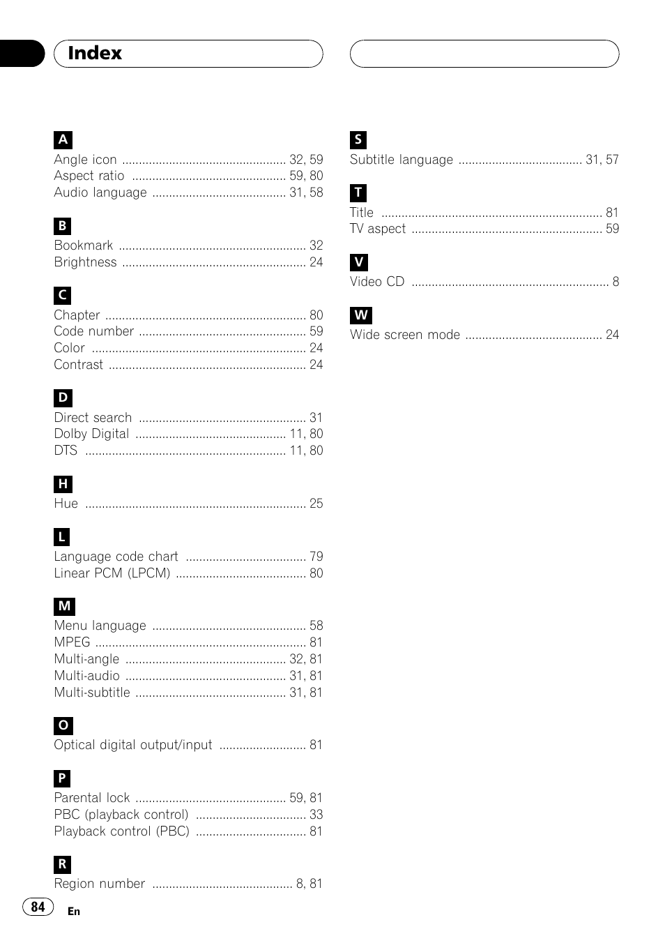 Index 84, Index | Pioneer AVX-P8DVD User Manual | Page 84 / 85