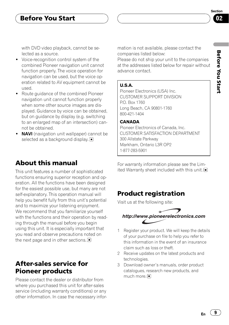 About this manual, After-sales service for pioneer products, Product registration | Before you start | Pioneer AVX-P8DVD User Manual | Page 9 / 85