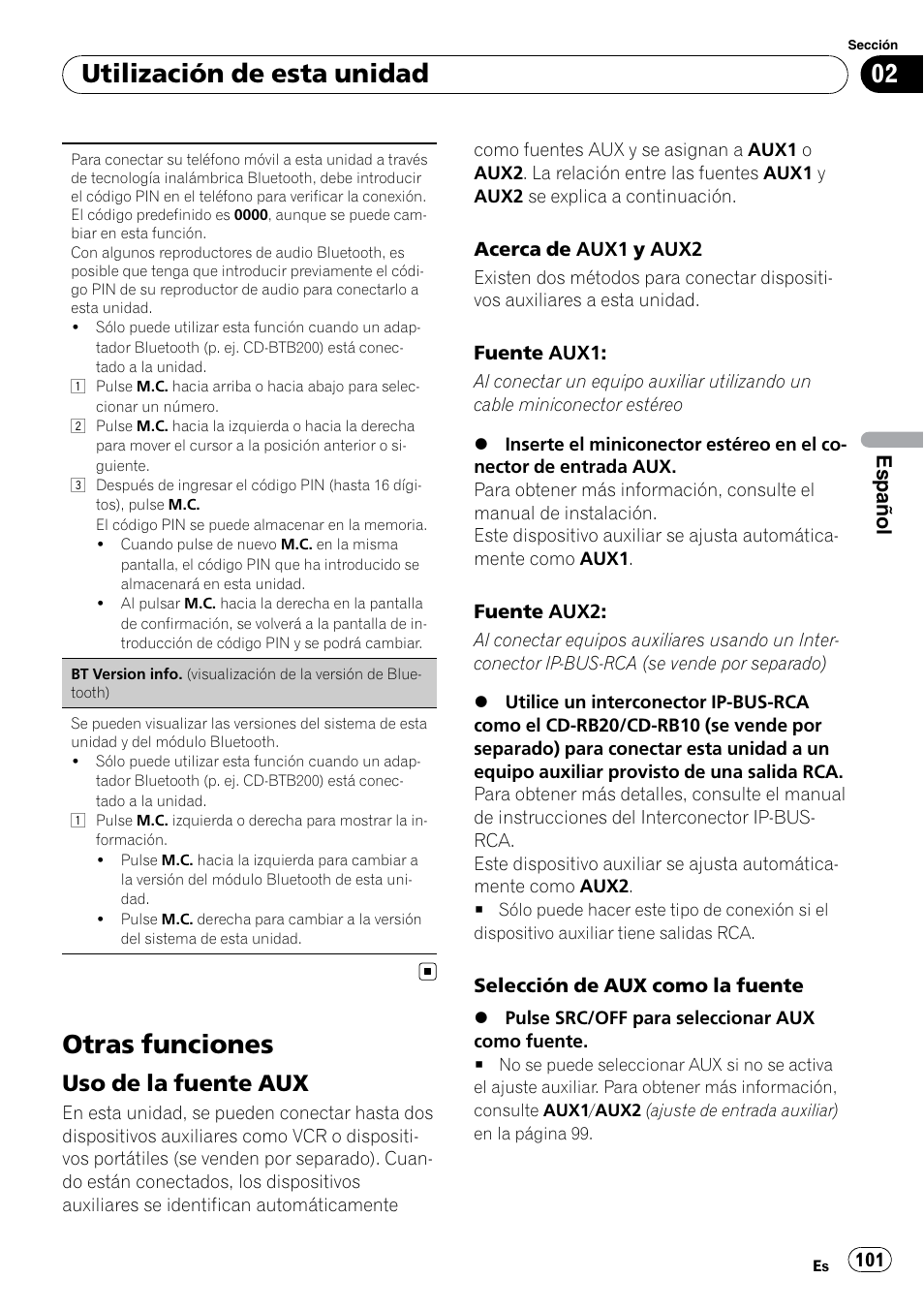 Otras funciones, Uso de la fuente aux 101, Utilización de esta unidad | Uso de la fuente aux | Pioneer DEH P4200UB User Manual | Page 101 / 122