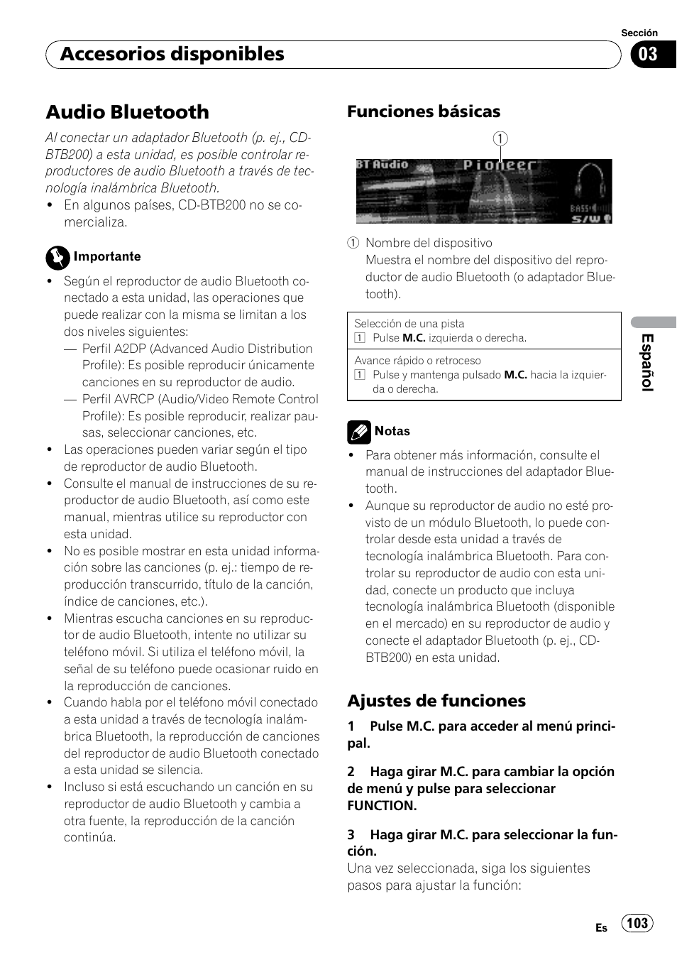 Accesorios disponibles audio bluetooth, Funciones básicas 103, Ajustes de funciones 103 | Audio bluetooth, Accesorios disponibles, Funciones básicas, Ajustes de funciones | Pioneer DEH P4200UB User Manual | Page 103 / 122