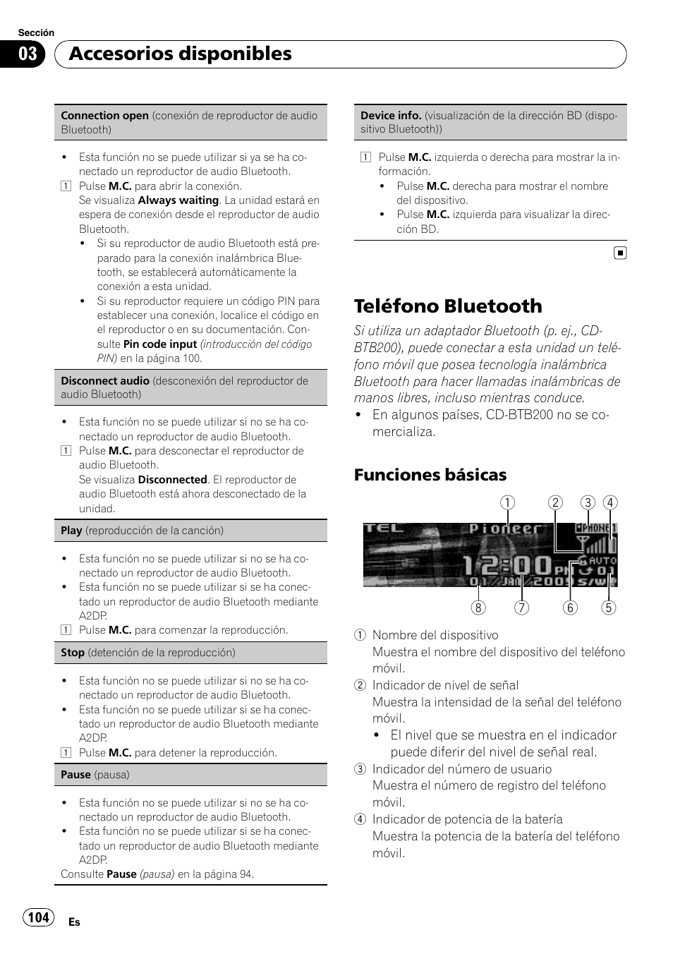 Teléfono bluetooth, Funciones básicas 104, Accesorios disponibles | Funciones básicas | Pioneer DEH P4200UB User Manual | Page 104 / 122