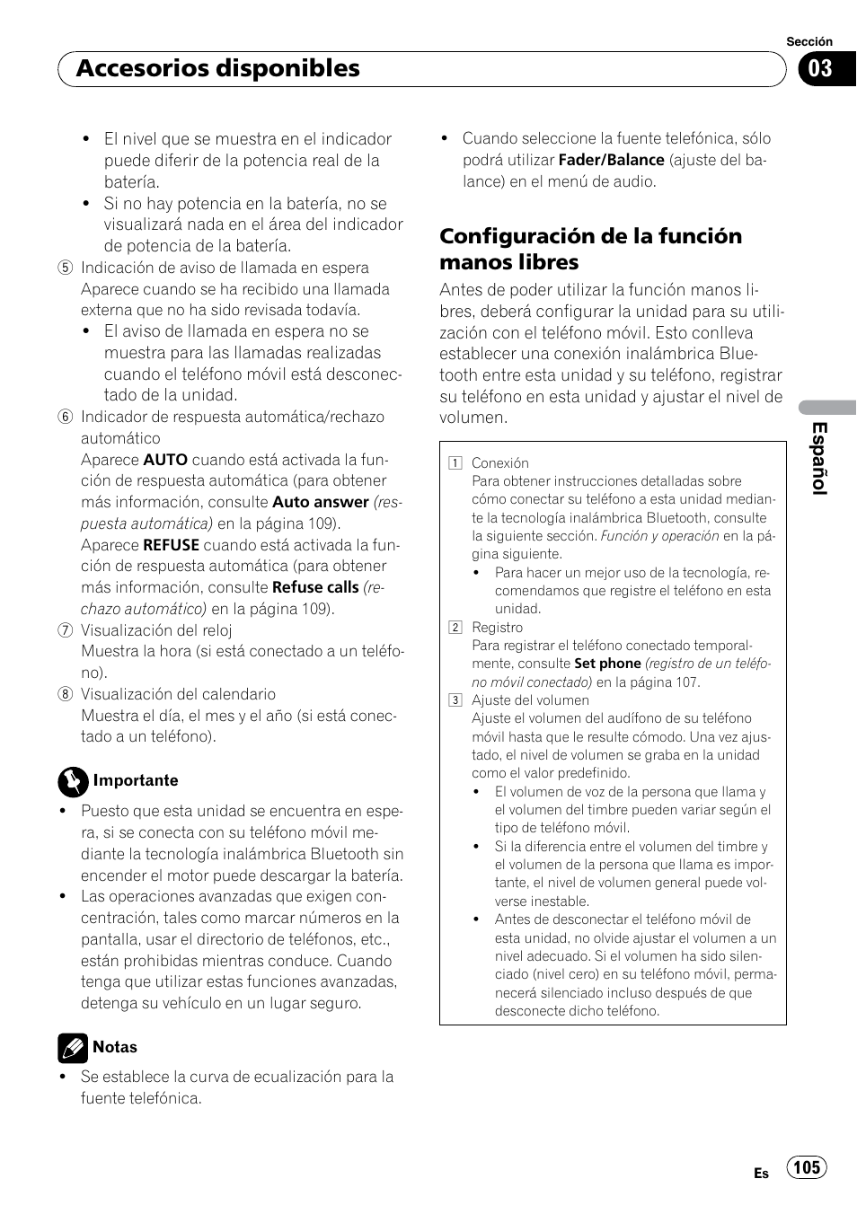 Configuración de la función manos, Libres, Accesorios disponibles | Configuración de la función manos libres | Pioneer DEH P4200UB User Manual | Page 105 / 122