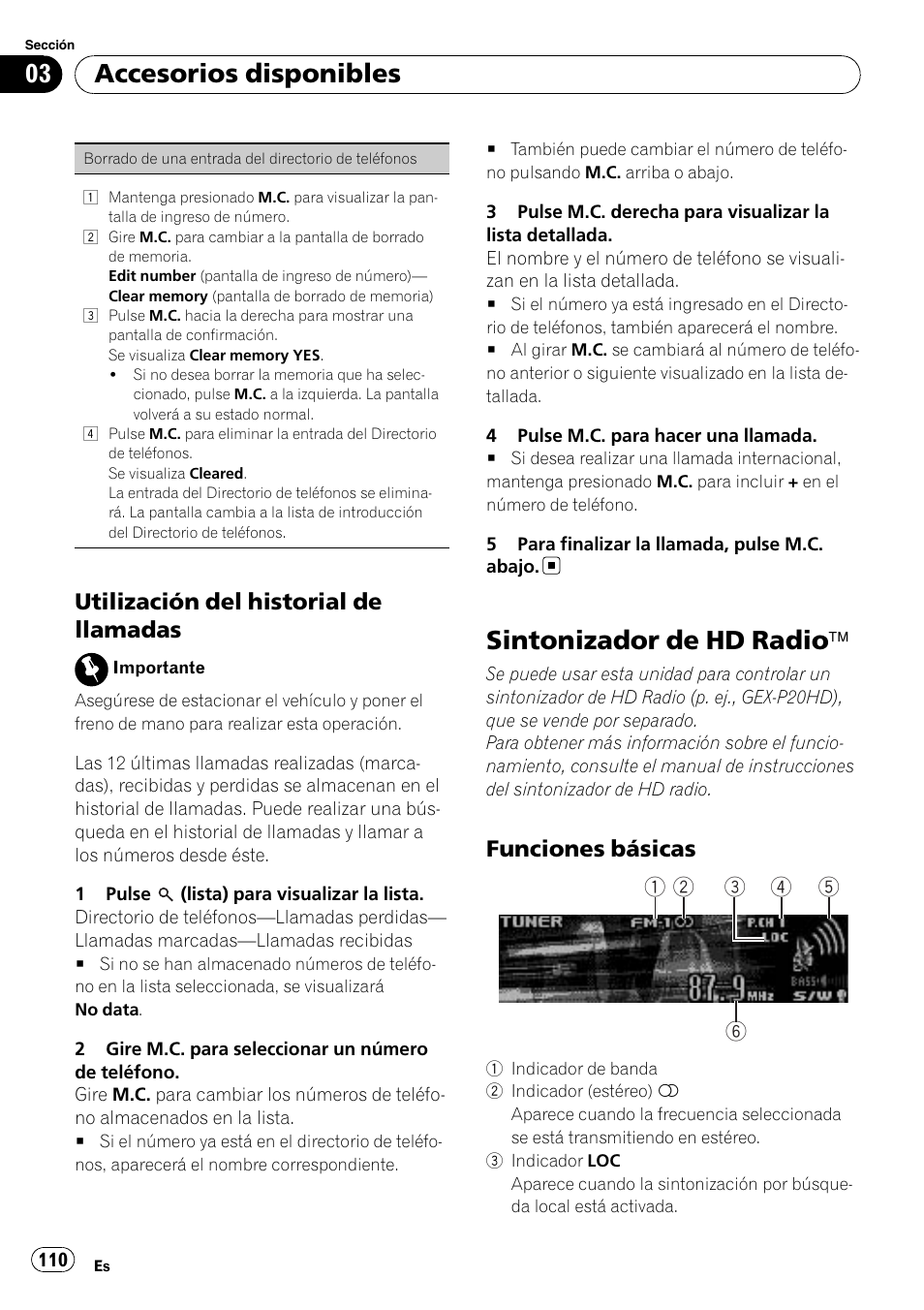 Utilización del historial de, Llamadas, Sintonizador de hd radio | Ä 110, Funciones básicas 110, Sintonizador de hd radio ä, Accesorios disponibles, Utilización del historial de llamadas, Funciones básicas | Pioneer DEH P4200UB User Manual | Page 110 / 122