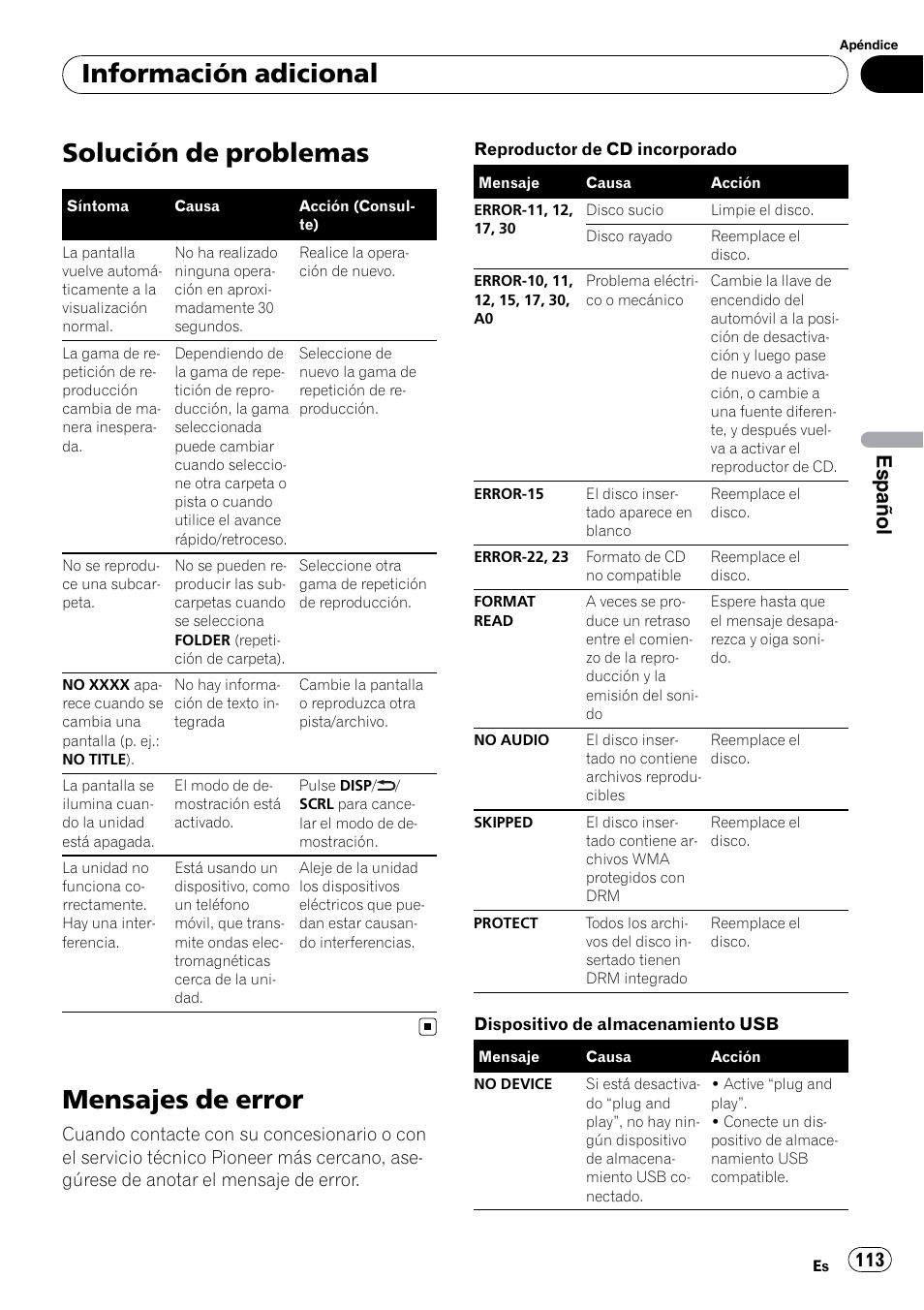 Información adicional solución de problemas, Mensajes de error, Solución de problemas | Información adicional, Español | Pioneer DEH P4200UB User Manual | Page 113 / 122