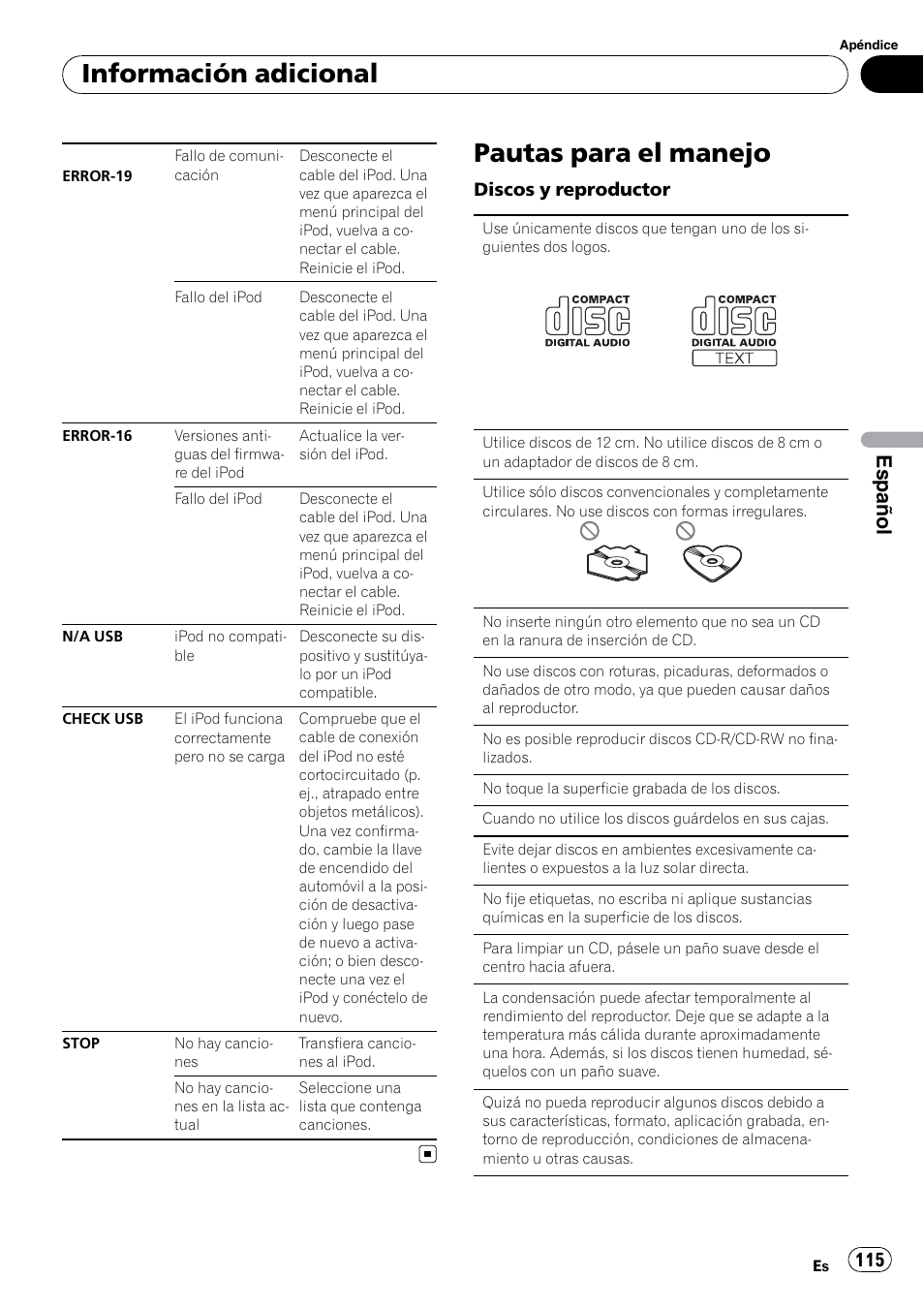 Pautas para el manejo, Información adicional, Español | Pioneer DEH P4200UB User Manual | Page 115 / 122