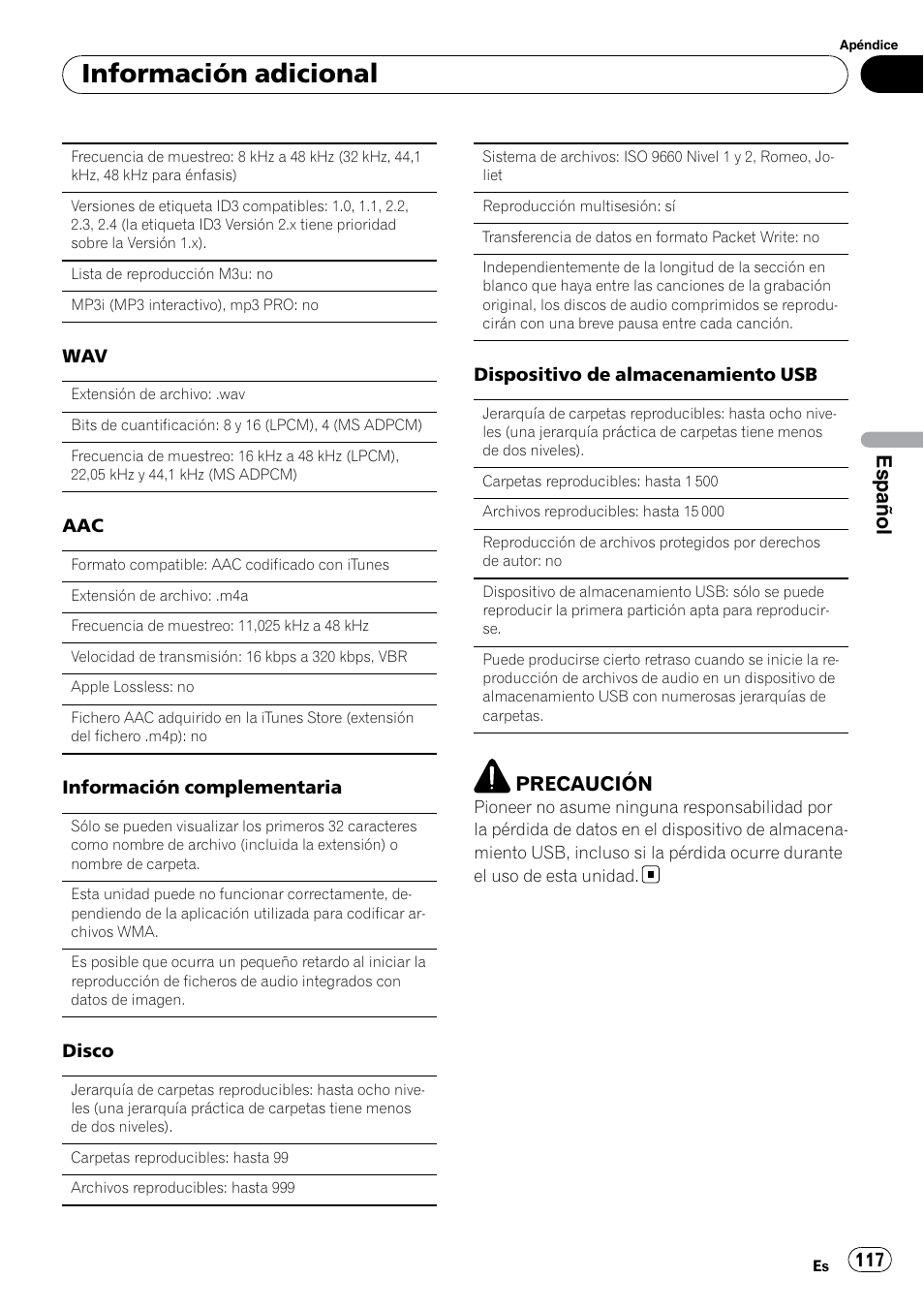 Información adicional, Español, Precaución | Pioneer DEH P4200UB User Manual | Page 117 / 122