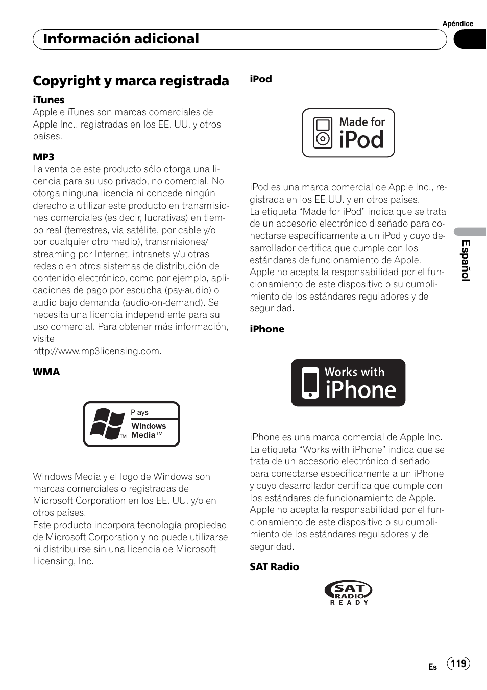 Copyright y marca registrada, Información adicional | Pioneer DEH P4200UB User Manual | Page 119 / 122