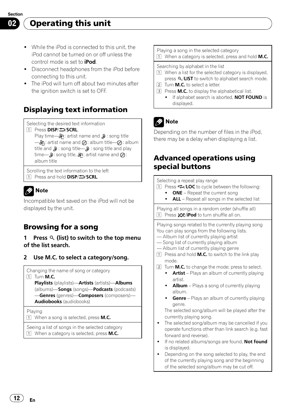 Displaying text information 12, Browsing for a song 12, Advanced operations using special | Buttons, Operating this unit, Displaying text information, Browsing for a song, Advanced operations using special buttons | Pioneer DEH P4200UB User Manual | Page 12 / 122