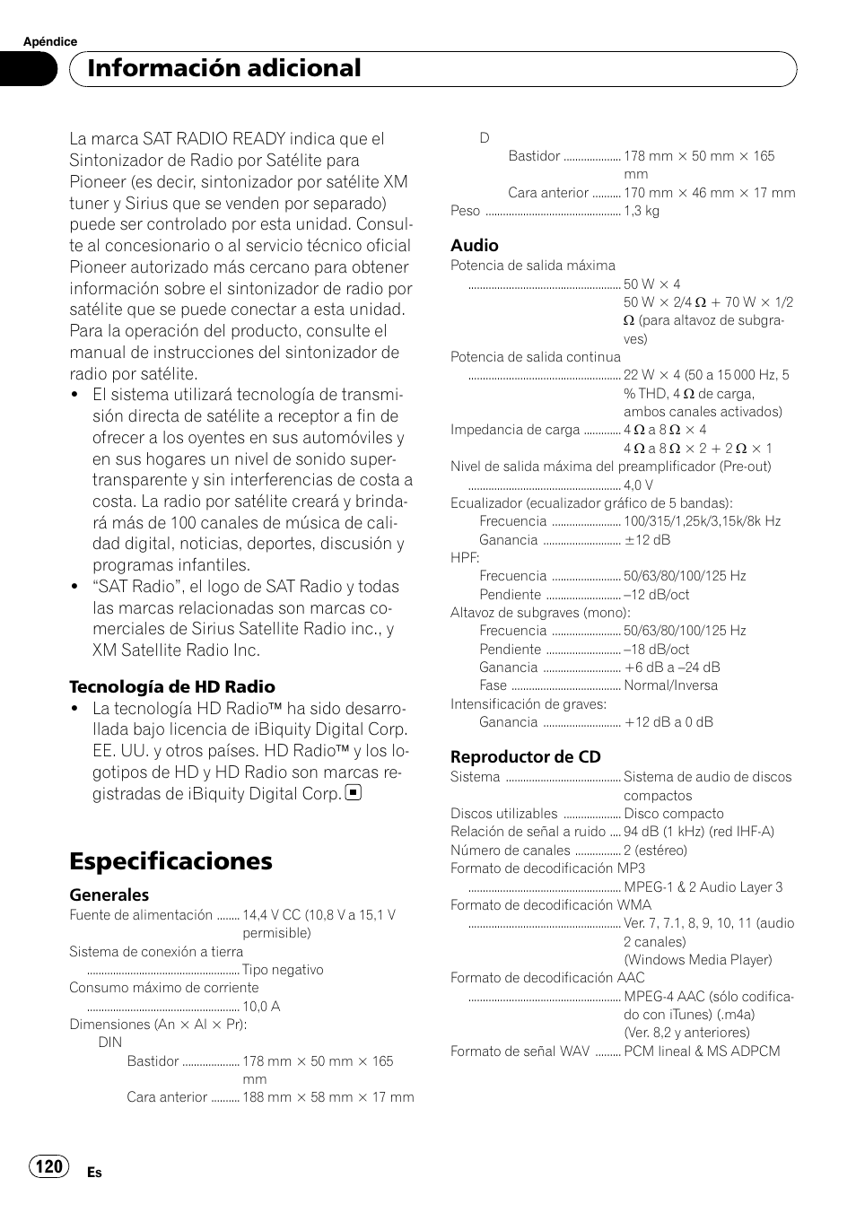 Especificaciones, Información adicional | Pioneer DEH P4200UB User Manual | Page 120 / 122