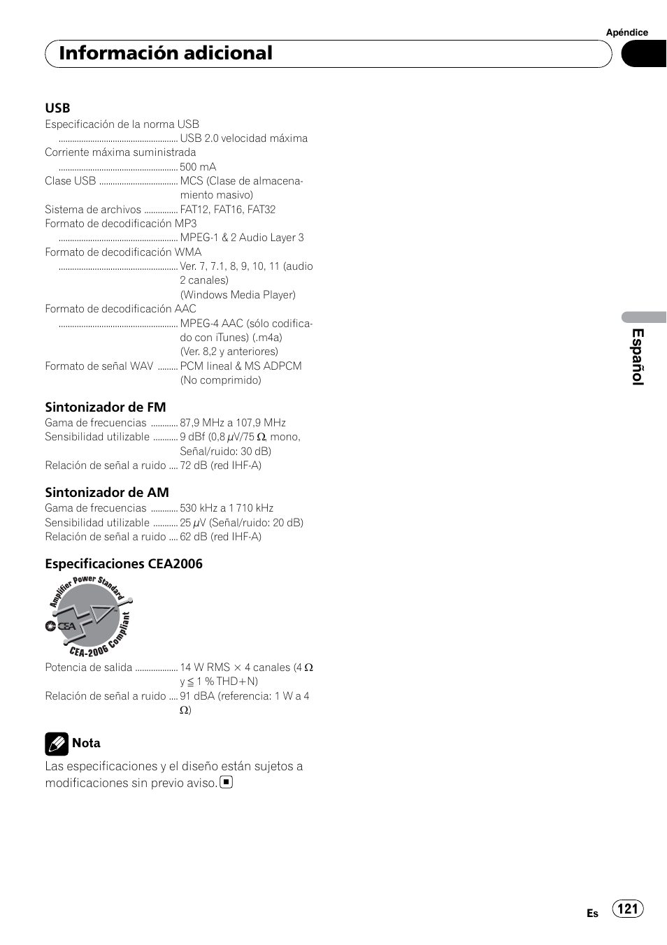 Información adicional, Español | Pioneer DEH P4200UB User Manual | Page 121 / 122