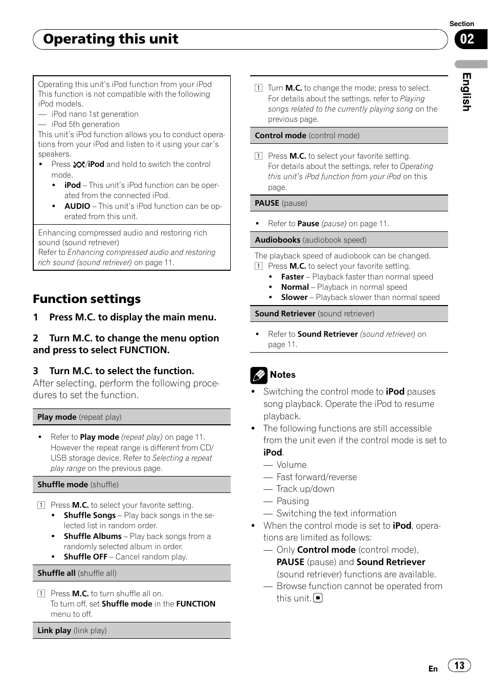 Function settings 13, Operating this unit, Function settings | English | Pioneer DEH P4200UB User Manual | Page 13 / 122