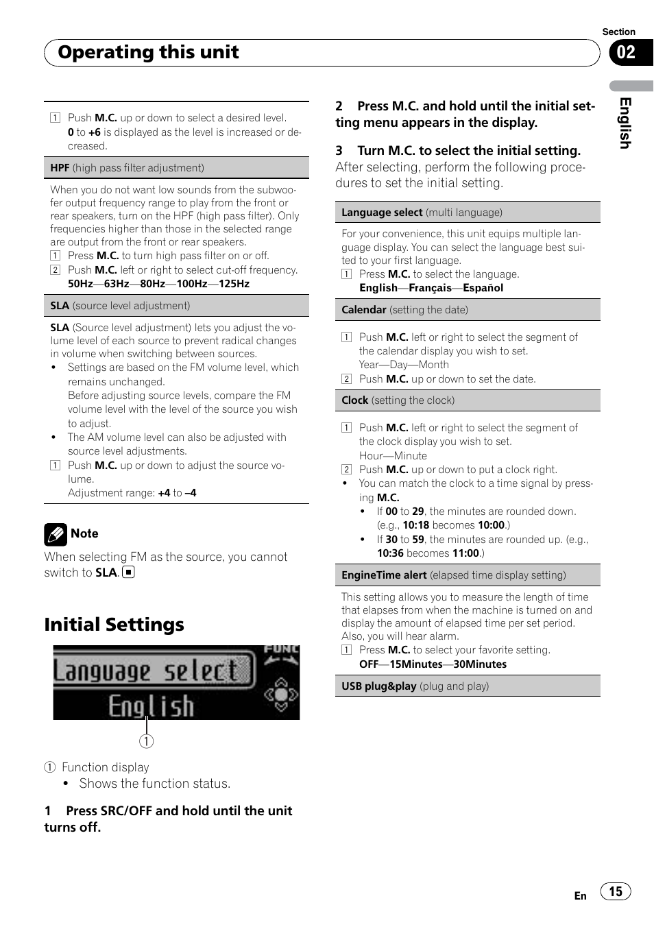 Initial settings, Operating this unit, English | Pioneer DEH P4200UB User Manual | Page 15 / 122