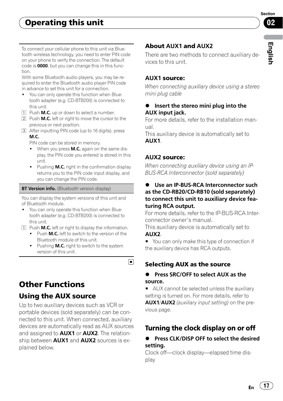 Other functions, Using the aux source 17, Turning the clock display on or off 17 | Operating this unit, Using the aux source, Turning the clock display on or off | Pioneer DEH P4200UB User Manual | Page 17 / 122