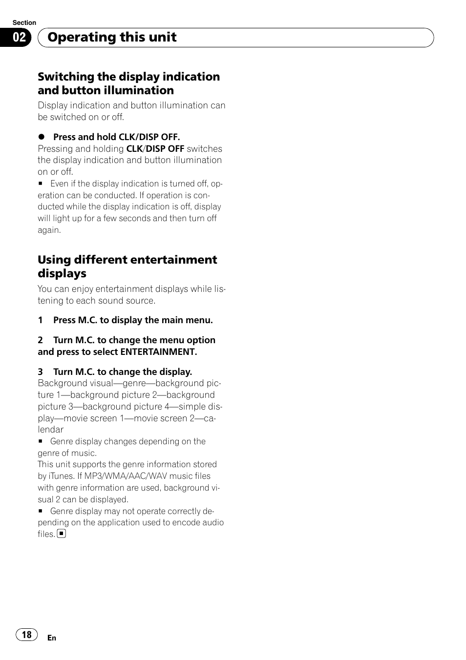 Switching the display indication and, Button illumination, Using different entertainment | Displays, Operating this unit, Using different entertainment displays | Pioneer DEH P4200UB User Manual | Page 18 / 122