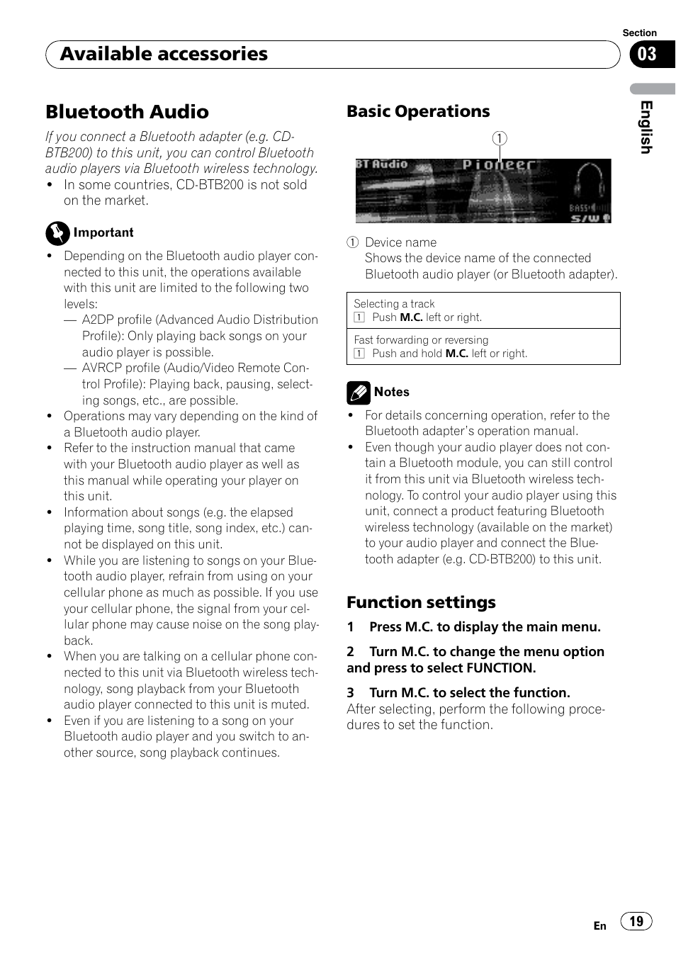 Available accessories bluetooth audio, Basic operations 19, Function settings 19 | Bluetooth audio, Available accessories, Basic operations, Function settings | Pioneer DEH P4200UB User Manual | Page 19 / 122