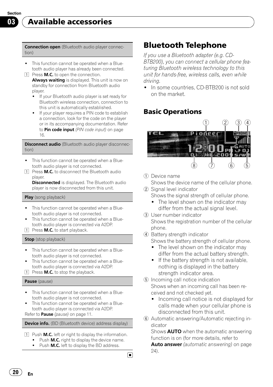 Bluetooth telephone, Basic operations 20, Available accessories | Basic operations | Pioneer DEH P4200UB User Manual | Page 20 / 122