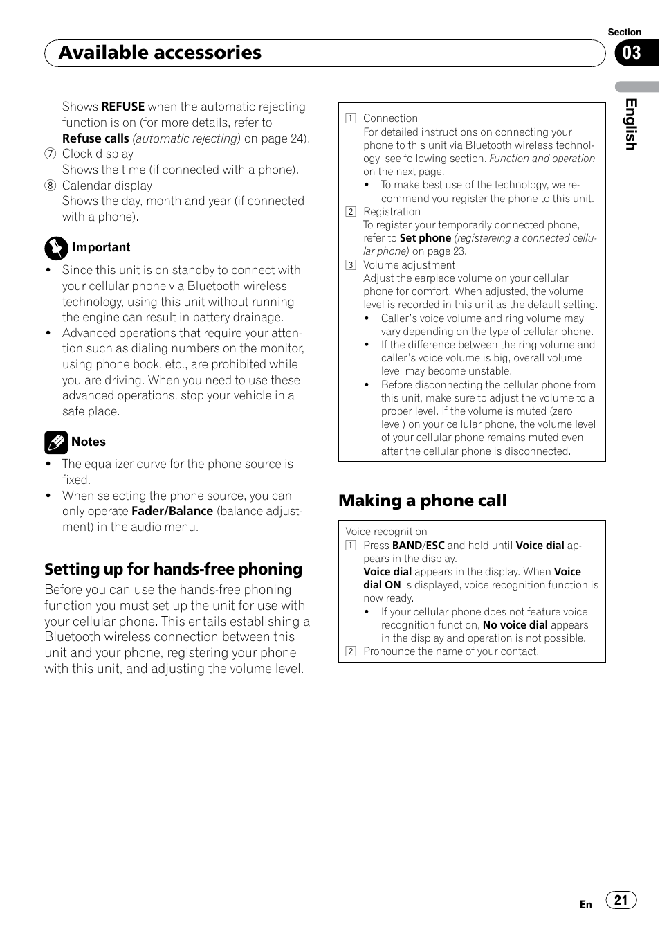 Setting up for hands-free phoning 21, Making a phone call 21, Available accessories | Setting up for hands-free phoning, Making a phone call, English | Pioneer DEH P4200UB User Manual | Page 21 / 122