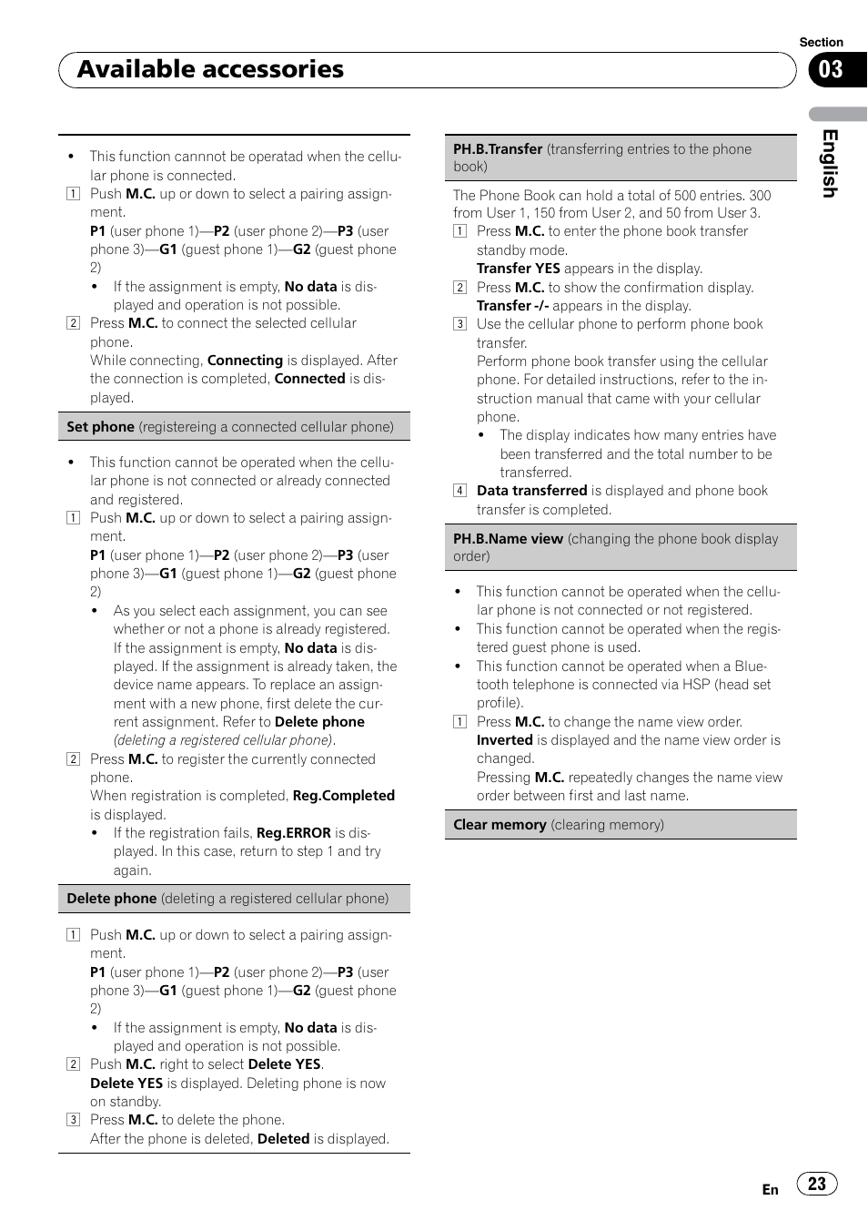 Set phone (registereing a connected cellu, Available accessories, English | Pioneer DEH P4200UB User Manual | Page 23 / 122