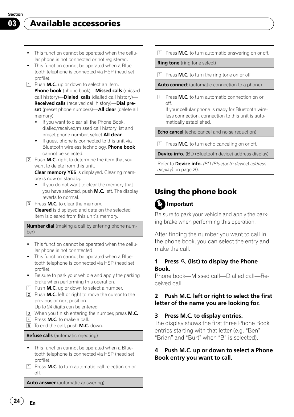 Using the phone book 24, Available accessories, Using the phone book | Pioneer DEH P4200UB User Manual | Page 24 / 122