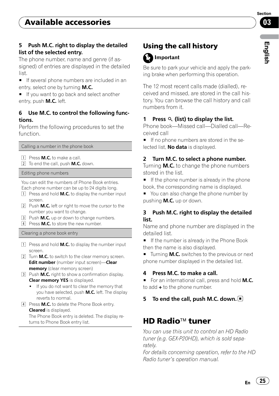 Using the call history 25, Hd radio, Ä tuner 25 | Hd radio ä tuner, Available accessories, Using the call history | Pioneer DEH P4200UB User Manual | Page 25 / 122