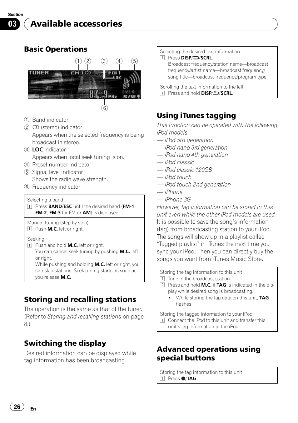 Basic operations 26, Storing and recalling stations 26, Switching the display 26 | Using itunes tagging 26, Advanced operations using special, Buttons, Available accessories, Basic operations, Storing and recalling stations, Switching the display | Pioneer DEH P4200UB User Manual | Page 26 / 122