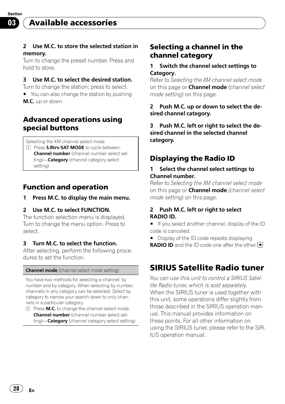 Advanced operations using special, Buttons, Function and operation 28 | Selecting a channel in the channel, Category, Displaying the radio id 28, Sirius satellite radio tuner, Available accessories, Advanced operations using special buttons, Function and operation | Pioneer DEH P4200UB User Manual | Page 28 / 122