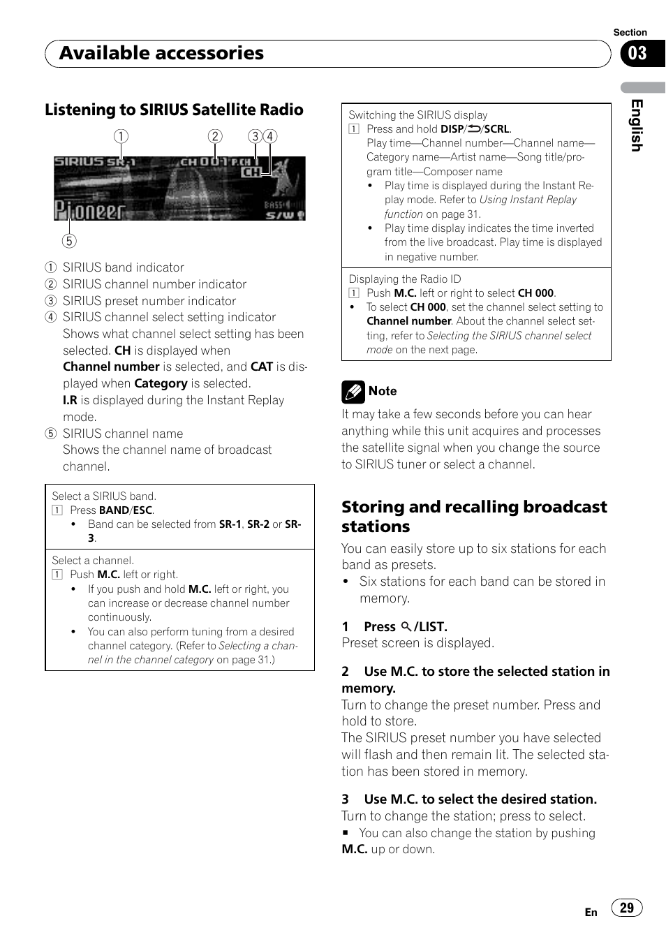 Listening to sirius satellite radio 29, Storing and recalling broadcast, Stations | Available accessories, Listening to sirius satellite radio, Storing and recalling broadcast stations, English | Pioneer DEH P4200UB User Manual | Page 29 / 122