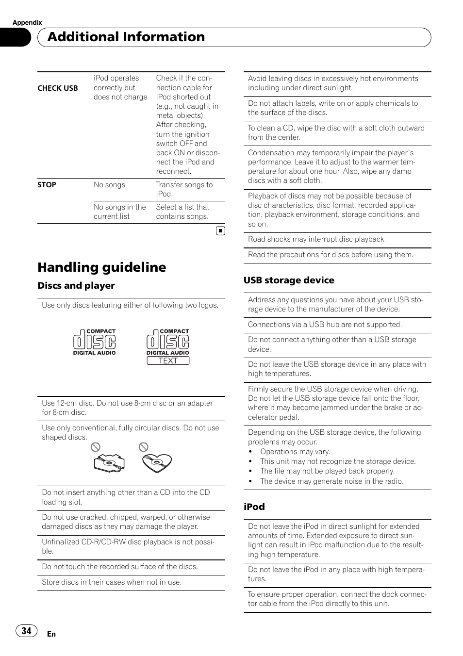 Handling guideline, Additional information | Pioneer DEH P4200UB User Manual | Page 34 / 122