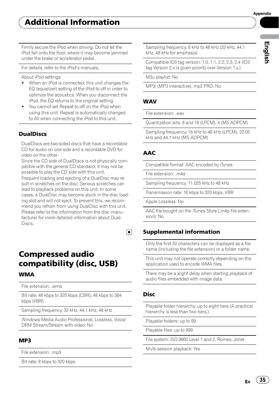 Compressed audio compatibility (disc, Usb), Compressed audio compatibility (disc, usb) | Additional information, English | Pioneer DEH P4200UB User Manual | Page 35 / 122