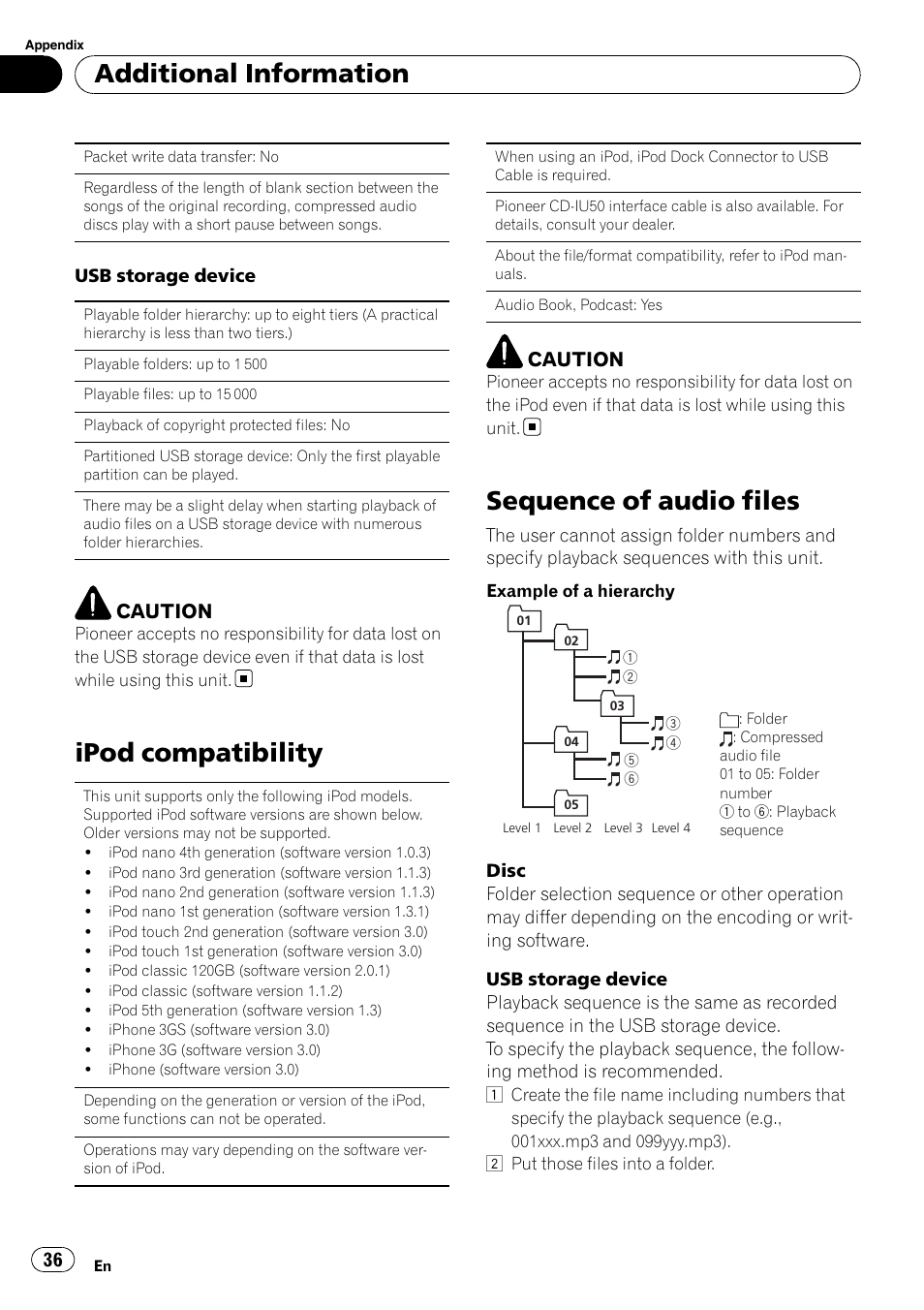 Ipod compatibility, Sequence of audio files, Additional information | Caution | Pioneer DEH P4200UB User Manual | Page 36 / 122