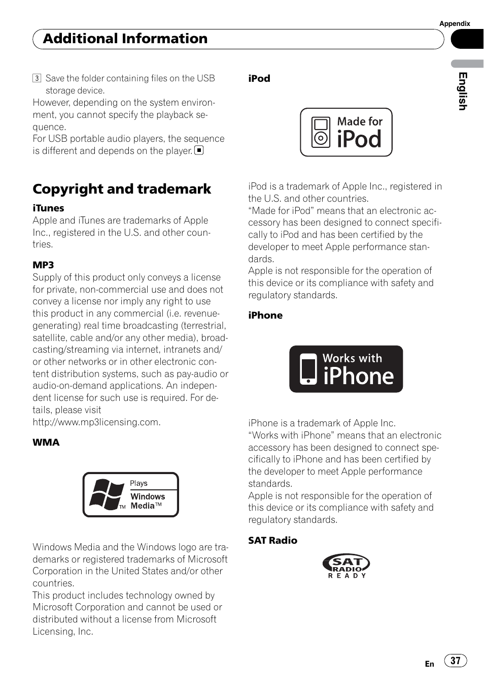 Copyright and trademark, Additional information | Pioneer DEH P4200UB User Manual | Page 37 / 122