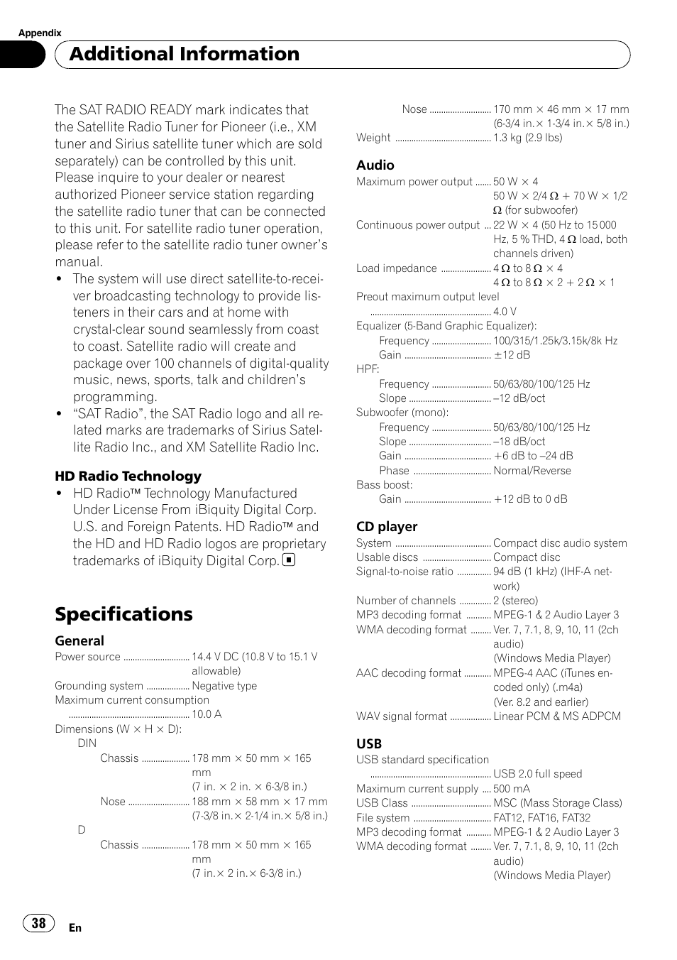 Specifications, Additional information | Pioneer DEH P4200UB User Manual | Page 38 / 122