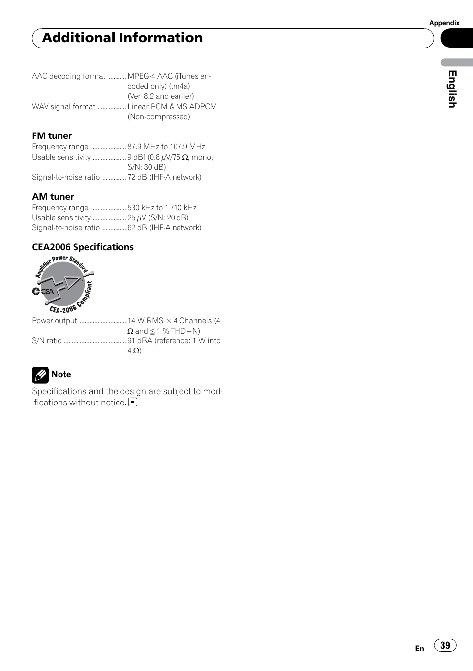 Additional information, English | Pioneer DEH P4200UB User Manual | Page 39 / 122