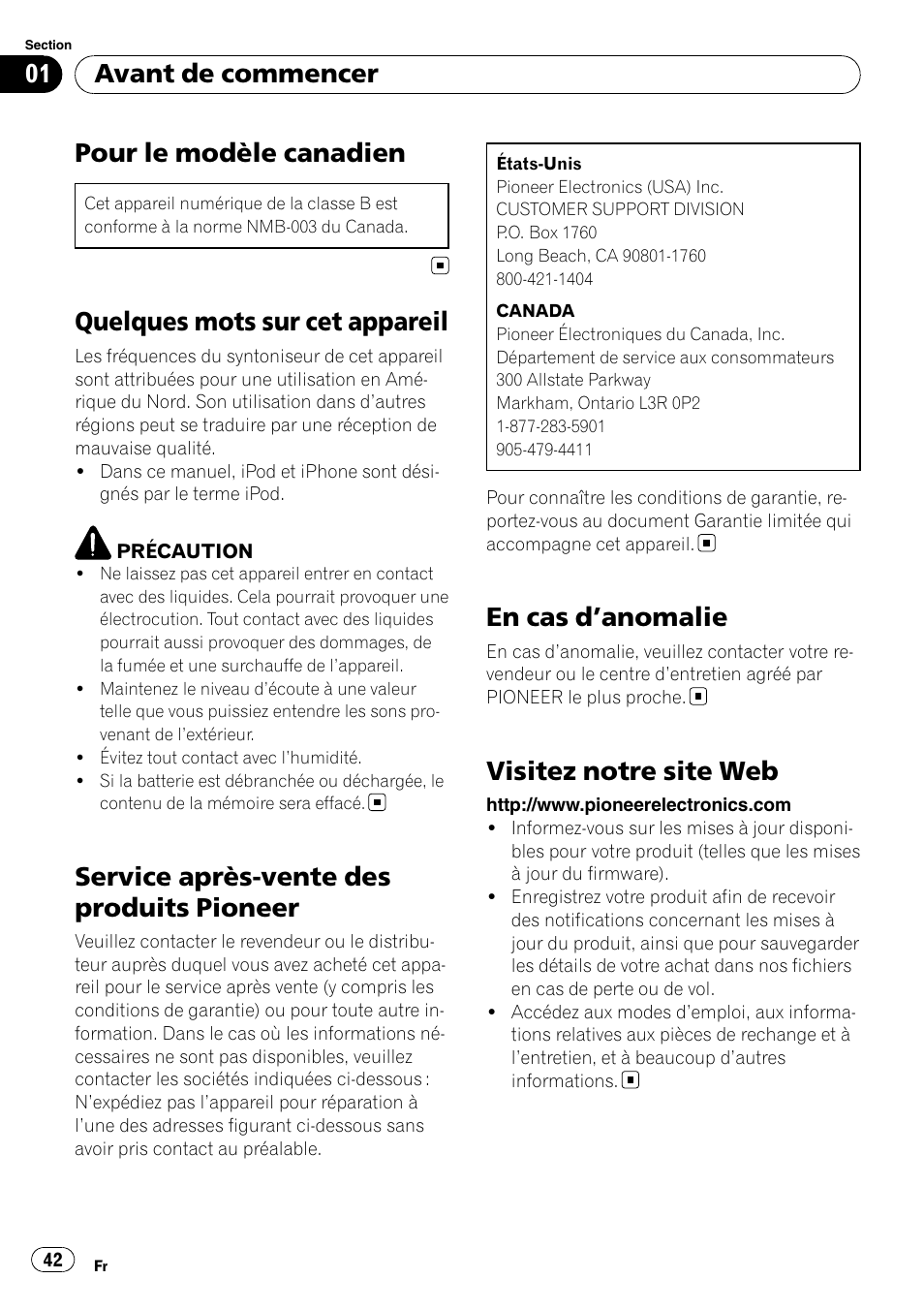 Avant de commencer, Pour le modèle canadien, Quelques mots sur cet appareil | Service après-vente des produits pioneer, En cas d, Anomalie 42, Visitez notre site web, En cas d ’anomalie | Pioneer DEH P4200UB User Manual | Page 42 / 122