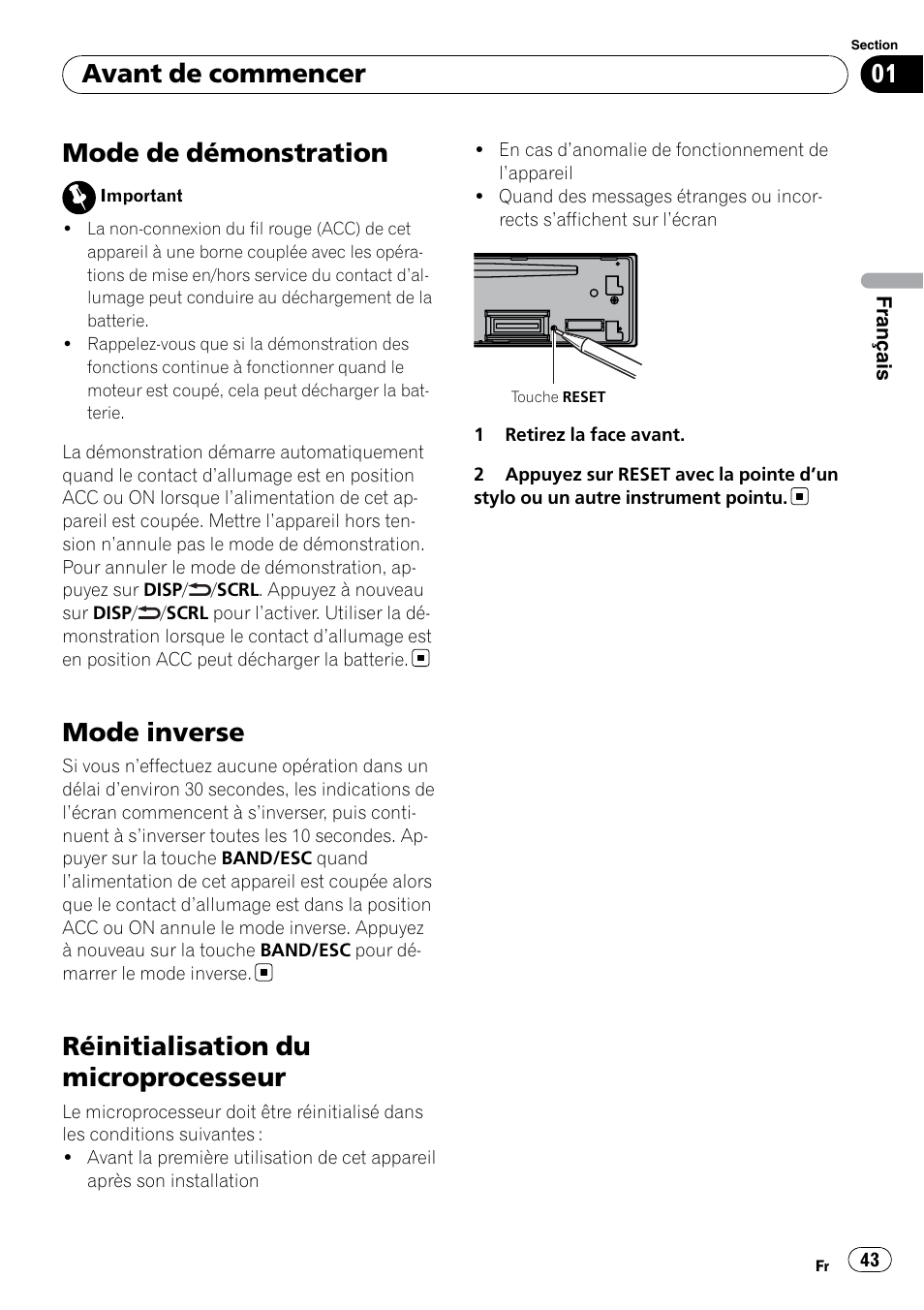 Mode de démonstration, Mode inverse, Réinitialisation du microprocesseur | Avant de commencer | Pioneer DEH P4200UB User Manual | Page 43 / 122