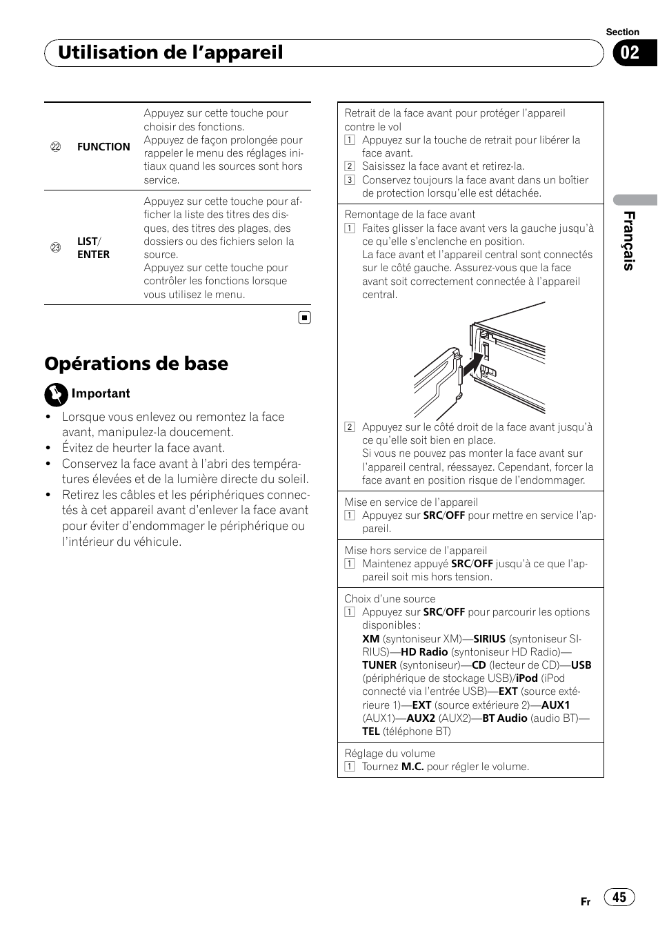Opérations de base, Utilisation de l ’appareil, Français | Pioneer DEH P4200UB User Manual | Page 45 / 122