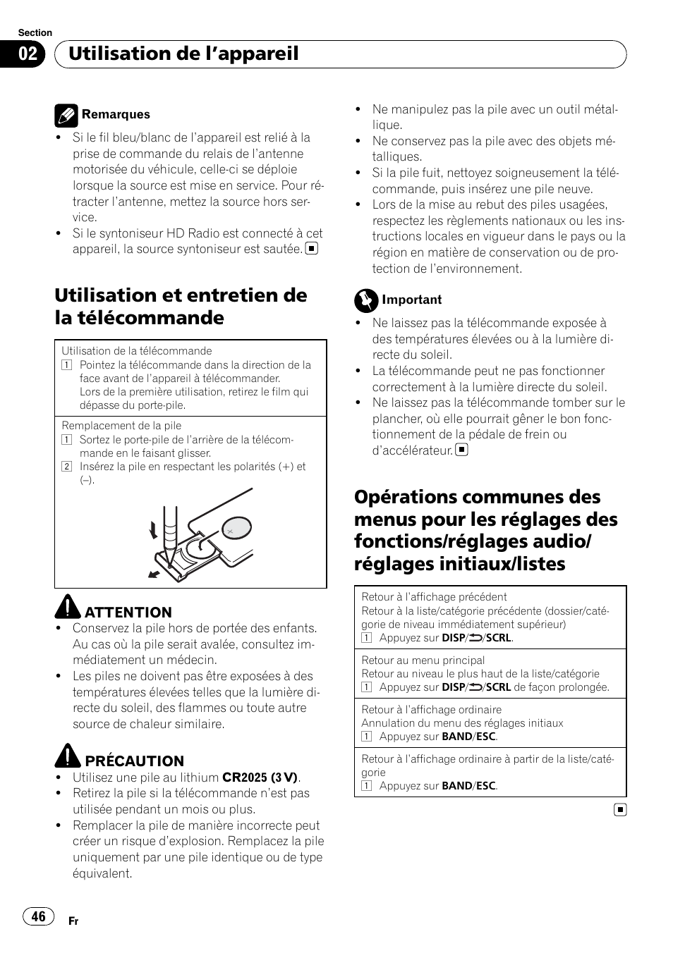 Utilisation et entretien de la, Télécommande, Opérations communes des menus pour les | Utilisation et entretien de la télécommande, Utilisation de l ’appareil | Pioneer DEH P4200UB User Manual | Page 46 / 122