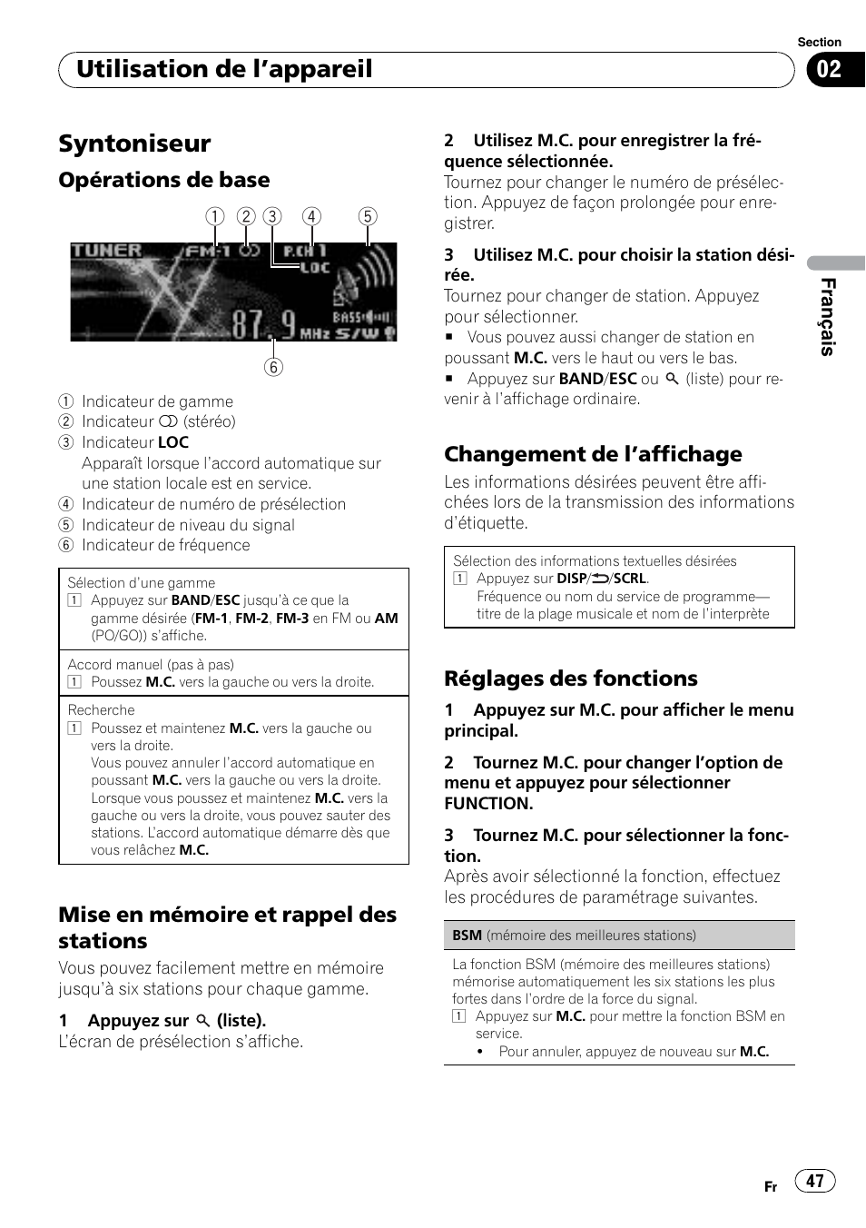 Syntoniseur, Opérations de base 47, Mise en mémoire et rappel des | Stations, Changement de l’affichage 47, Réglages des fonctions 47, Utilisation de l ’appareil, Opérations de base, Mise en mémoire et rappel des stations, Changement de l ’affichage | Pioneer DEH P4200UB User Manual | Page 47 / 122