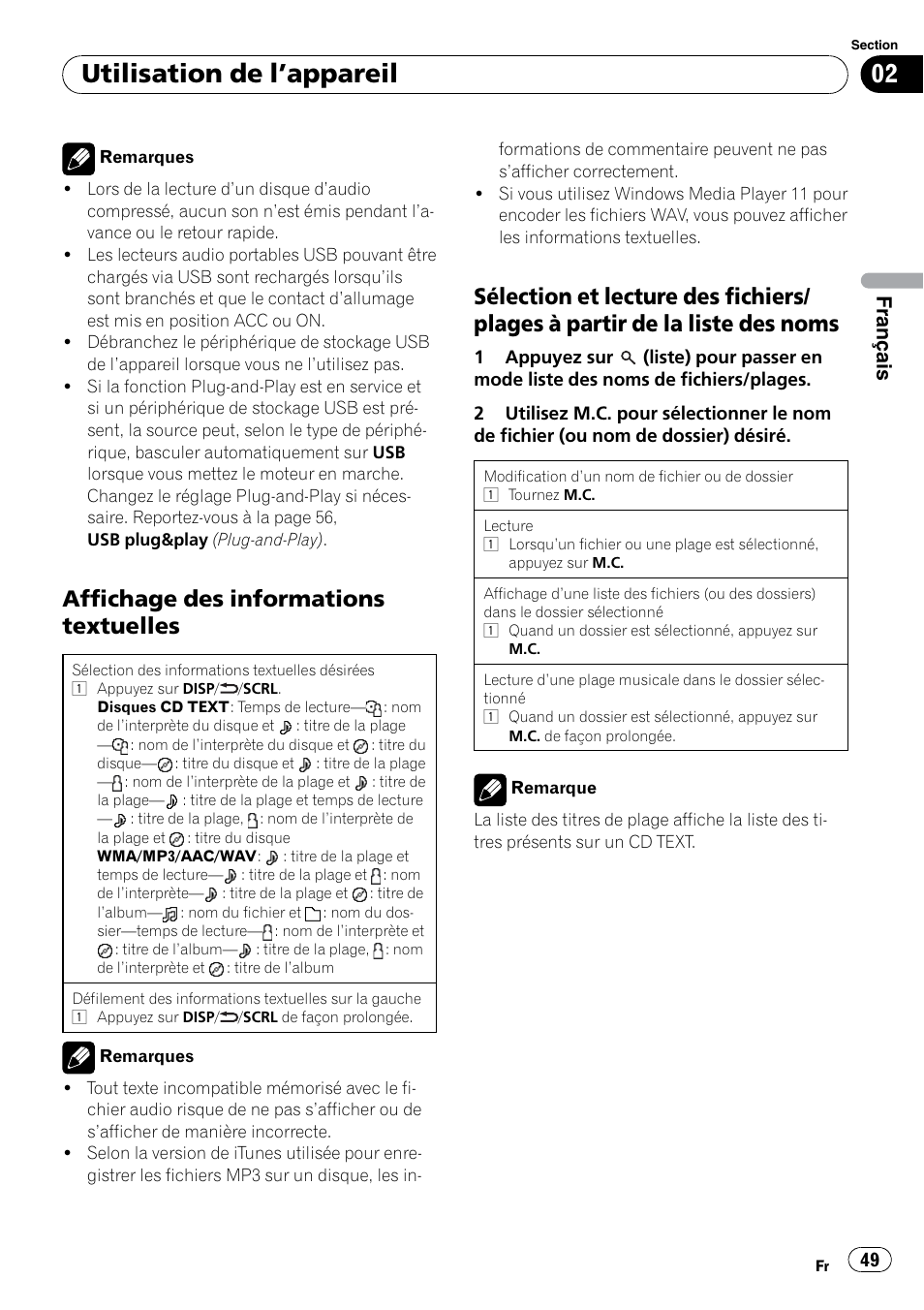 Affichage des informations, Textuelles, Sélection et lecture des fichiers/plages | À partir de la liste des noms, Utilisation de l ’appareil, Affichage des informations textuelles, Français | Pioneer DEH P4200UB User Manual | Page 49 / 122